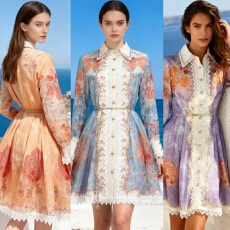 批发欧美风拼重工接蕾丝翻领长袖腰链印花衬衫裙短裙优雅名媛<b class='q'>连衣裙</b>