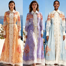 批发欧美品质名媛风2026翻领长袖蕾丝边拼接印花单排扣长款大摆<b class='q'>连衣裙</b>