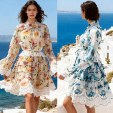 批发欧美风2026春夏新款印花立领系带重工蕾丝花边拼贴荷叶边<b class='q'>连衣裙</b>短