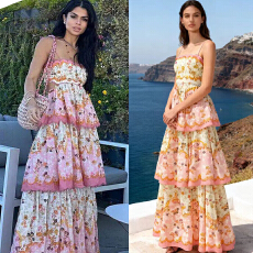 批发Z家轻奢高定<b class='q'>明星</b>同款26度假新<b class='q'>款</b>层叠式裙摆露腰吊带长<b class='q'>款</b><b class='q'>连衣裙</b>