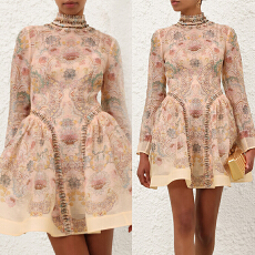 批发Z家轻奢高定重工蝴蝶结钉珠立领印花宫廷风收腰蓬蓬迷你连衣裙短