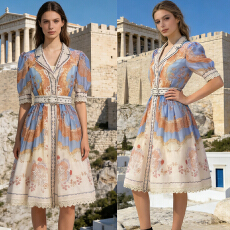 批发2026春夏新款欧美风复古定位印花重工钉珠蕾丝拼边翻领<b class='q'>连衣裙</b>中裙