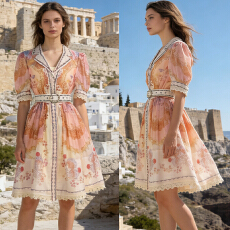 批发欧美小众复古印花小翻领泡泡袖钉珠大摆收腰显瘦<b class='q'>连衣裙</b>两件套腰带