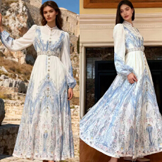 批发<b class='q'>欧美风</b>春夏新款定位印花优雅立领灯笼袖单排扣大摆<b class='q'>连衣裙</b>长裙礼服