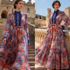 批发<b class='q'>欧美风</b>优雅度假风重工蕾丝拼接复古印花春夏新款长款<b class='q'>连衣裙</b>长裙