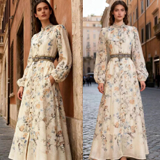 批发<b class='q'>欧美风</b>2026春夏新款复古印花单排扣收腰显瘦<b class='q'>连衣裙</b>长裙礼服两件套