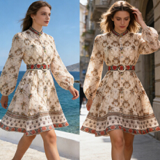 批发<b class='q'>欧美</b>风2026春夏新款复古印花立领灯笼袖单排扣收腰显瘦连衣<b class='q'>裙</b>伞<b class='q'>裙</b>