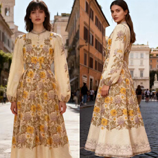 批发欧美范优雅气质两件套连衣裙立领灯笼袖收腰显瘦大摆连衣裙长裙女