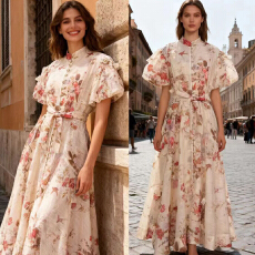 批发欧美法式优雅重工钉花朵吊饰单排扣大裙摆连衣裙夏日泡泡袖长裙女