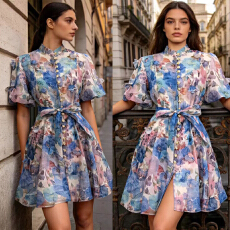 批发欧美度假风立领单排扣公主浪漫甜美印花<b class='q'>连衣裙</b>短裙印花吊带两件套