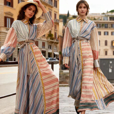 批发澳洲春夏<b class='q'>时尚</b>两件套装裙翻领条纹<b class='q'>衬衫</b>+大摆半身裙休闲<b class='q'>时尚</b>套装