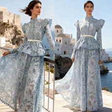 批发法式温柔风花朵喇叭袖刺绣蕾丝拼接重工连衣裙长裙收腰显瘦<b class='q'>礼服</b>裙