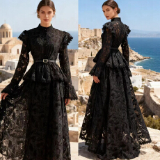 批发法式端庄气质雅致婚礼<b class='q'>连衣裙</b>女高级感仙气蕾丝收腰优雅喇叭袖长裙