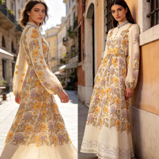 批发<b class='q'>欧美</b>女装两件套优雅定位印花重工流苏花朵吊饰连衣裙<b class='q'>长裙</b>收腰系带