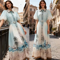 批发<b class='q'>欧美</b>温柔风椰树印花甜美泡泡袖重工珠子流苏边拼接大摆连衣裙<b class='q'>长裙</b>