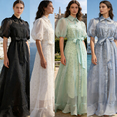 批发高贵优雅绑带收腰烫钻翻领<b class='q'>连衣裙</b>女夏季绝美超仙气薄纱<b class='q'>荷叶边</b>长裙