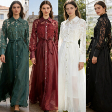 批发欧美度假风刺绣蕾丝拼接收腰系带排扣大摆飘逸<b class='q'>连衣裙</b>长裙 4色齐码