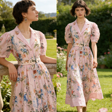 批发<b class='q'>欧美风</b>高级气质复古印花翻领泡泡袖单排扣大摆收腰显瘦<b class='q'>连衣裙</b>长裙