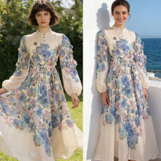 批发欧美女装两件套优雅定位<b class='q'>印花</b>重工流苏花朵吊饰<b class='q'>连衣裙</b>长裙收腰系带