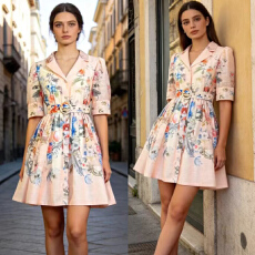 批发<b class='q'>欧美风</b>高级范复古印花大翻领泡泡袖单排扣收腰显瘦<b class='q'>连衣裙</b>短裙伞裙