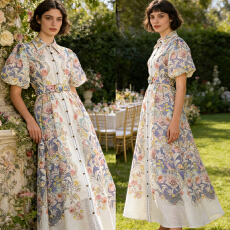 批发法式浪漫风夏季新款定位<b class='q'>印花</b>泡泡袖短袖翻领单排扣<b class='q'>连衣裙</b>长裙腰带