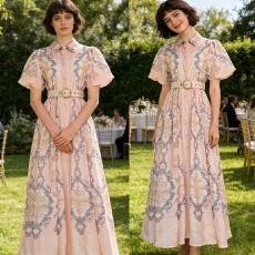 批发欧美复古英伦风翻领泡泡袖单排扣夏季度假风<b class='q'>连衣裙</b>聚会长裙+腰带