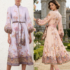 批发澳洲小众复古风经典系列九分灯笼袖亚麻纽扣印花中长款<b class='q'>连衣裙</b>大摆