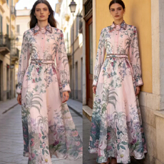 批发春夏新款法式优雅复古风翻领单排扣灯笼袖衬衫高腰大摆半身裙<b class='q'>套装</b>