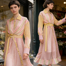 批发2026春夏度假2法式复古气质收腰衬衫全条纹撞色<b class='q'>连衣裙</b>长裙<b class='q'>明星</b><b class='q'>款</b>