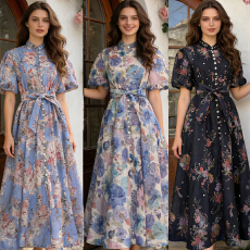 批发2026新款高质量复古印花满身密钻大摆<b class='q'>连衣裙</b>精致单排扣中长裙<b class='q'>外贸</b>