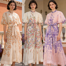 批发法式新款2026夏季优雅立领满天星钉钻泡泡袖大裙摆连衣裙聚会裙长