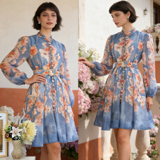 批发澳洲2026春夏新款复古定位印花立领单排扣收腰显瘦<b class='q'>连衣裙</b>短裙伞裙