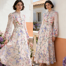 批发欧美风高品质两件套连衣裙复古印花<b class='q'>立领</b>灯笼袖收腰大摆连衣裙长裙