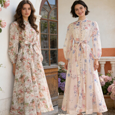 批发澳洲复古印花重工钉钻收腰系带大裙摆长款连衣裙配吊带两件套长裙