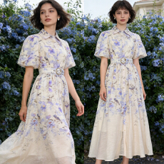 批发<b class='q'>欧美</b>复古英伦风翻领泡泡袖单排扣夏季度假风<b class='q'>连衣裙</b>聚会长裙+腰带