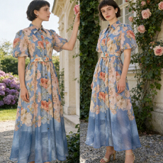 批发法式夏季优雅翻领单排扣泡泡袖短袖大摆修身显瘦<b class='q'>连衣裙</b>长裙两件套