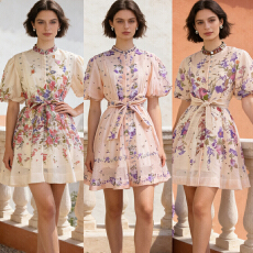 批发澳洲夏季新款轻奢定制钉钻单排扣泡泡袖夏季收腰系带<b class='q'>连衣裙</b>短裙女