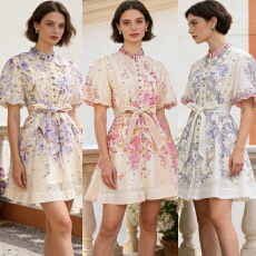 批发澳洲度假风夏季新款法式复古印花泡泡袖短袖钉钻单排扣<b class='q'>连衣裙</b>伞裙