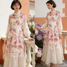 批发欧美<b class='q'>复古</b>宫廷风立领定位印花衬衫+高腰大摆<b class='q'>长裙</b>三件套套装裙长款