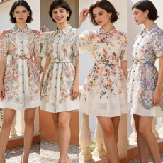 批发法式夏季优雅翻领单排扣泡泡袖短袖大摆修身显瘦<b class='q'>连衣裙</b>短裙两件套