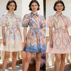 批发法式复古定位印花优雅小翻领泡泡袖收腰显瘦伞裙<b class='q'>连衣裙</b>两件套短裙