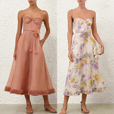 批发澳洲夏季新款LUNA丝麻荷叶边中长款吊带<b class='q'>连衣裙</b>重工木耳边大摆长裙