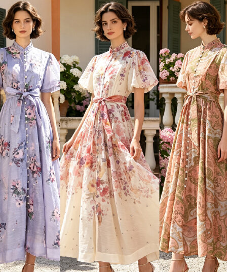호주 새로운 높은 품질 레트로 프린트 Gypsophila 무거운 작업 비밀 훈련 큰 진자 드레스 절묘한 싱글 줄 버튼 롱 스커트