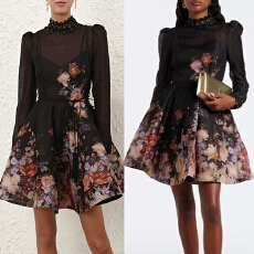 批发Z家轻奢澳洲2026秋季黑色印花钉珠立领长袖显瘦蓬蓬<b class='q'>连衣裙</b>短裙