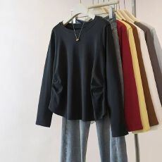 批发2026秋冬<b class='q'>大码</b>女内搭T恤修身显瘦打底衫圆领设计感褶皱腰身上衣