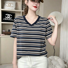批发95棉5氨纶2026年V领条纹短袖<b class='q'>T</b><b class='q'>恤</b>女夏蓝色<b class='q'>个性</b>气质修身上衣