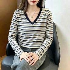 批发2026秋冬打底95棉5氨纶V领条纹长袖<b class='q'>T</b><b class='q'>恤</b>女气质修身上衣大码内搭