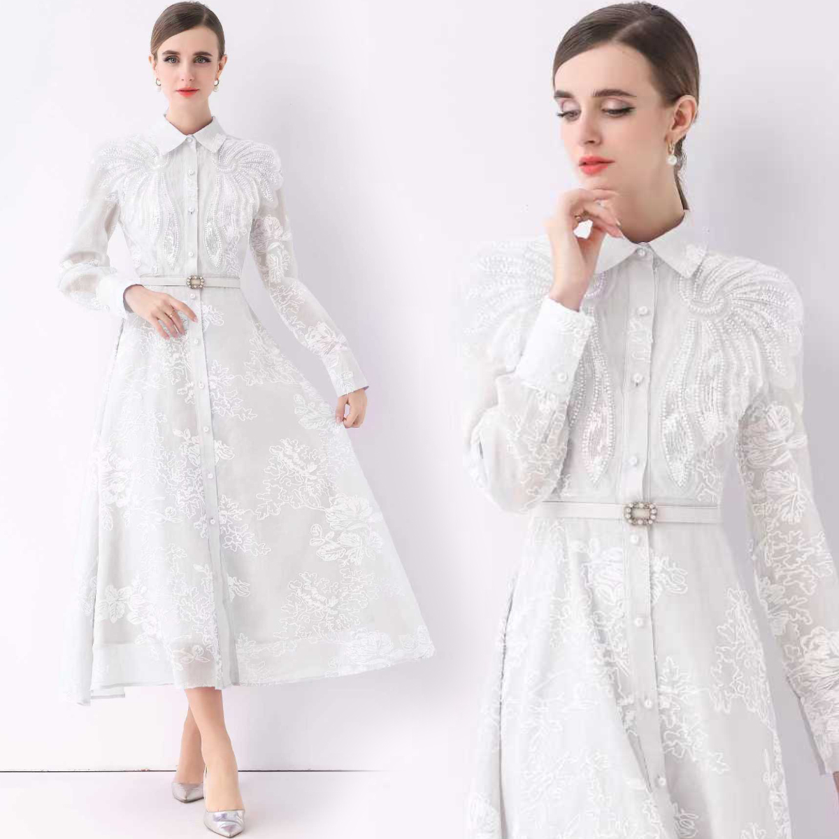 MY15316# 复古宫廷风新款翻领灯笼袖中长款刺绣纯色连衣裙送腰带女裝貨...