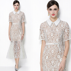 批发实拍新款优雅水溶花骨朵<b class='q'>蕾丝</b>镂空包臀中长款鱼尾裙<b class='q'>连衣裙</b>