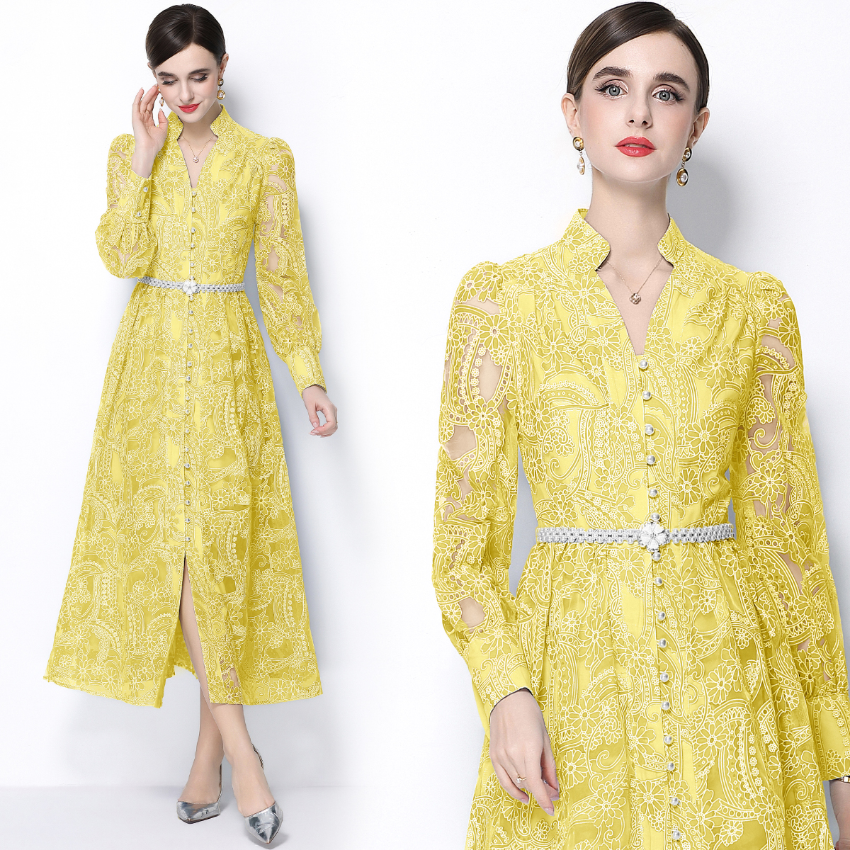 RY548# 实拍法式名媛复古重工蕾丝刺绣立领高级感珍珠扣连衣裙送腰带